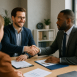 Two professionally dressed businesspeople engaged in a confident discussion, symbolizing strategic negotiation and conflict resolution in a corporate setting.