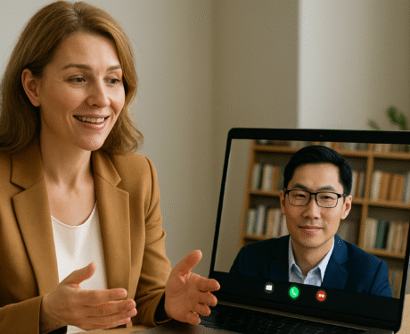 Three diverse business professionals in a modern office engaged in an international video meeting, symbolizing effective cross-cultural communication and global collaboration.