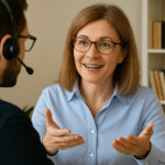 Three diverse professionals engaged in a collaborative discussion at a modern office table, emphasizing active listening, teamwork, and interpersonal communication in a corporate training setting.