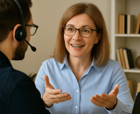 Three diverse professionals engaged in a collaborative discussion at a modern office table, emphasizing active listening, teamwork, and interpersonal communication in a corporate training setting.