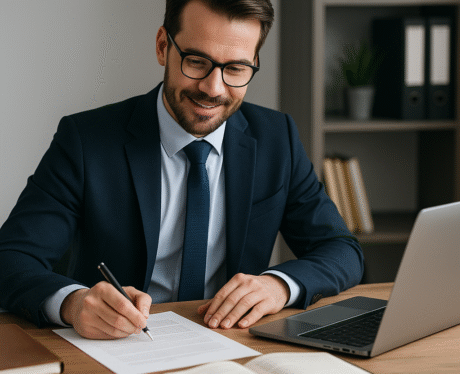 Professional businessman writing on a document at a modern desk with a laptop, books, and office decor in the background, representing business communication and writing skills.